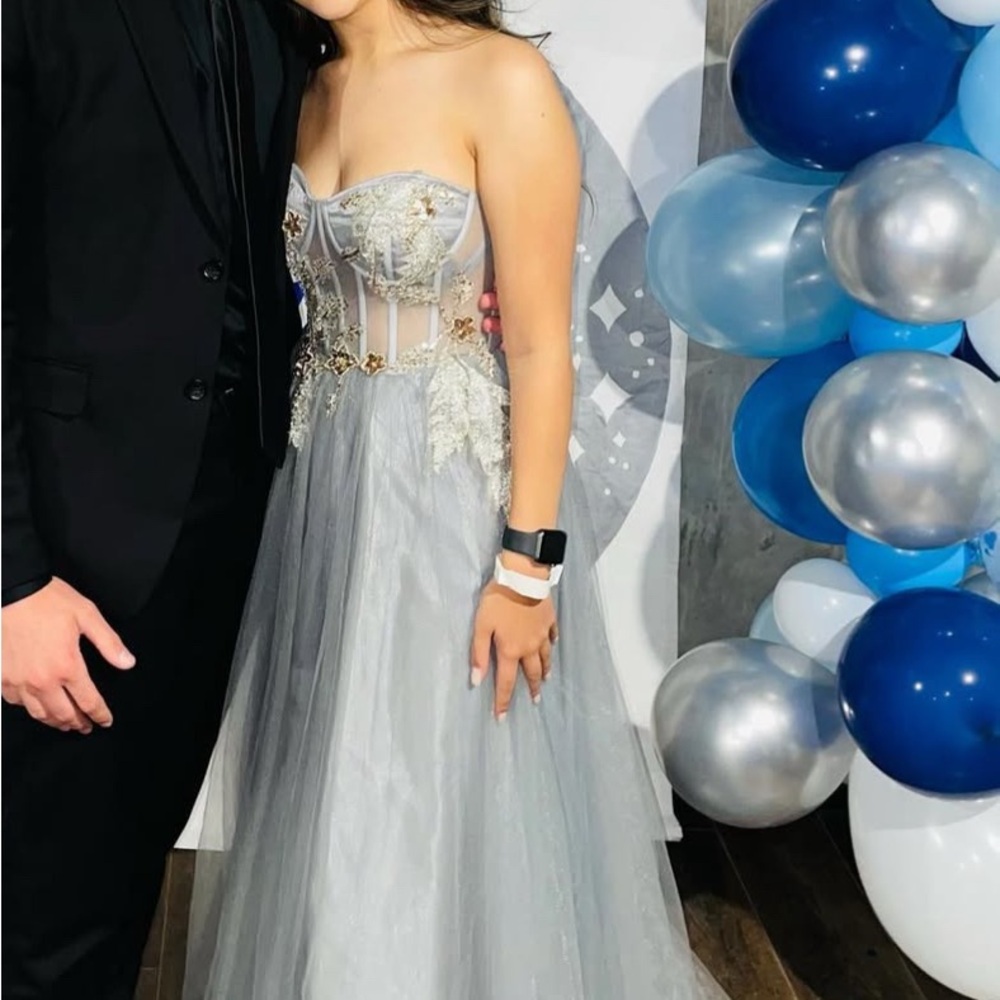 Elegant Gray Strapless Gown with Embellishments